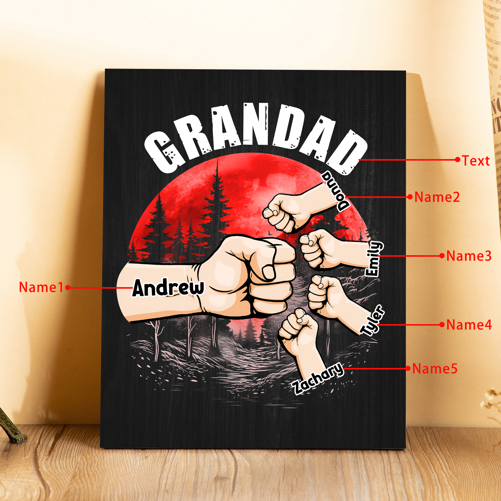 5 Names - Personalised Wooden Ornament Fist Bump Red Forest Style Engraved Name and Text Ornament for Dad