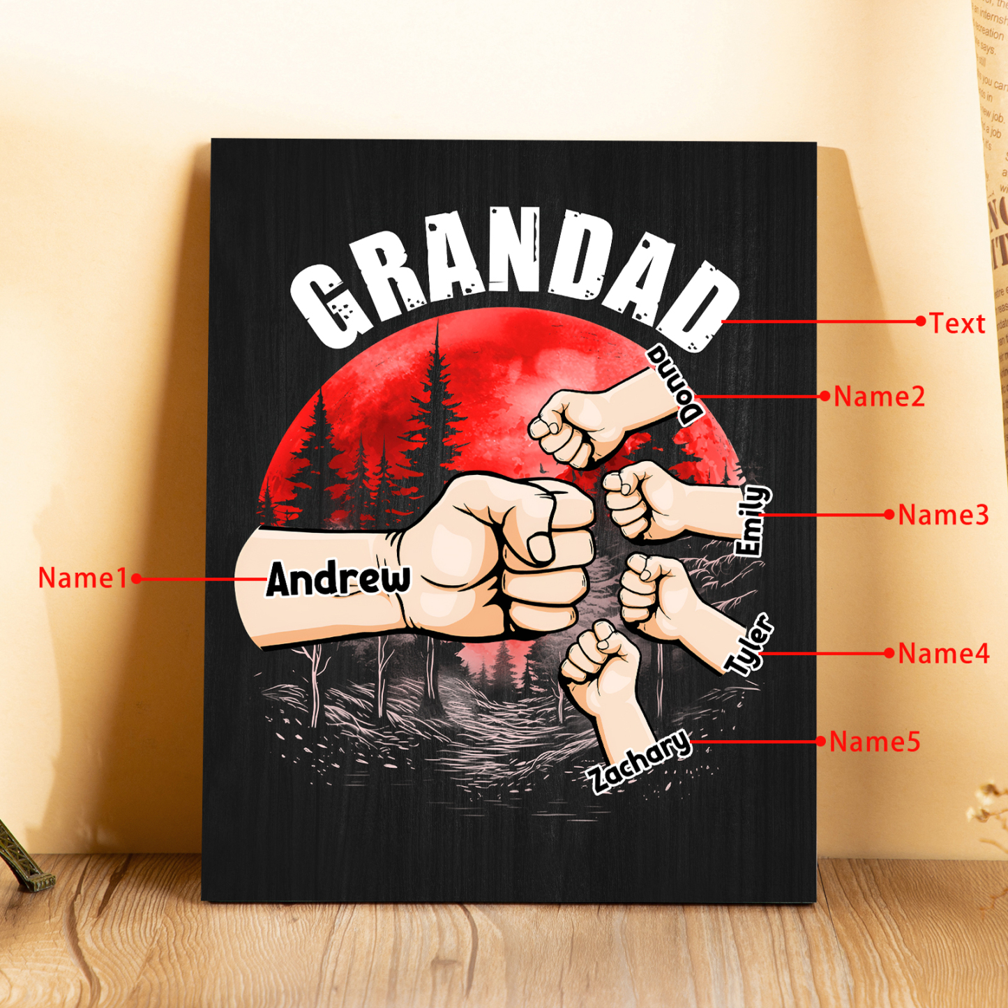 5 Names - Personalised Wooden Ornament Fist Bump Red Forest Style Engraved Name and Text Ornament for Dad