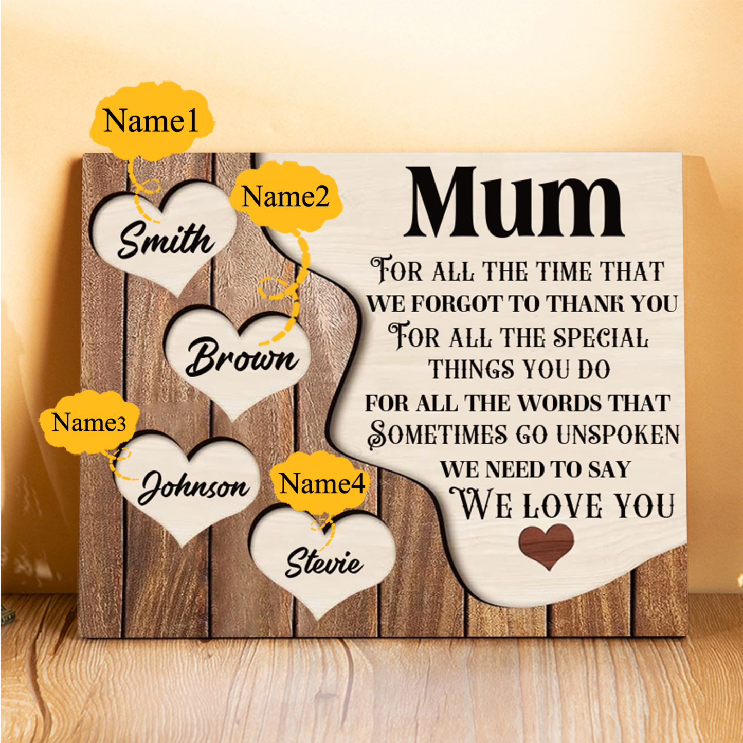 4 Names-Personalised Mum Wooden Frame Custom Names Home Decoration  - Mother's Day Gifts for Mum