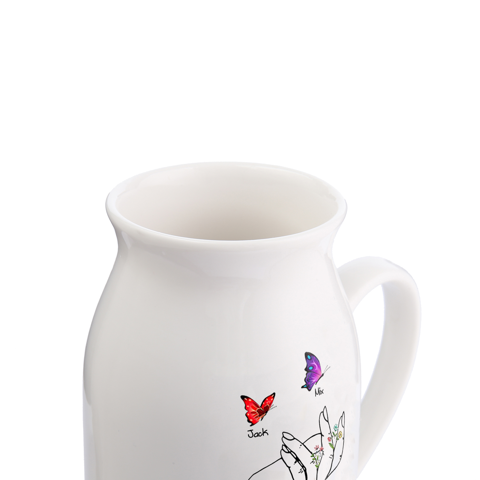 Custom2 Names - Personalised Beautiful Flower Hand Butterfly Style Ceramic Vase  Mother's Day Gift For Mum