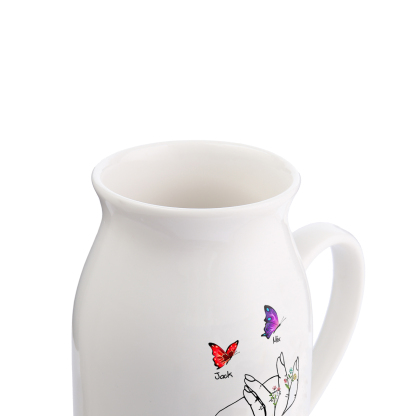 Custom2 Names - Personalised Beautiful Flower Hand Butterfly Style Ceramic Vase  Mother's Day Gift For Mum