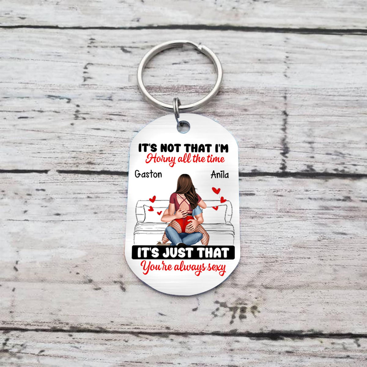Personalised Double-Sided Keyring with 2 Names & Characters - "It’s Not That I’m Horny All the Time, It’s Just That You’re Always Sexy" Design, Valentine’s Day Gift for Couple | Jessemade