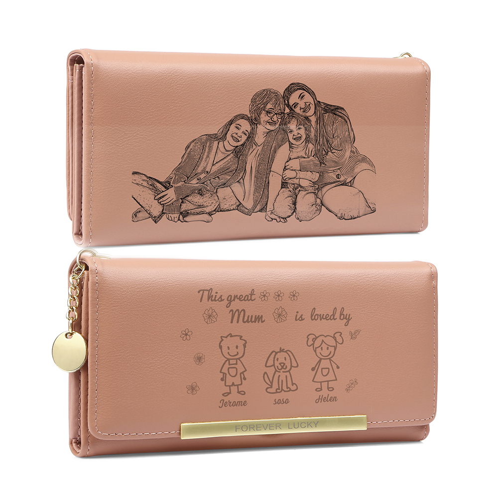 Personalised Women Leather Wallet Purse With Custom 1 Kid And Pet Name