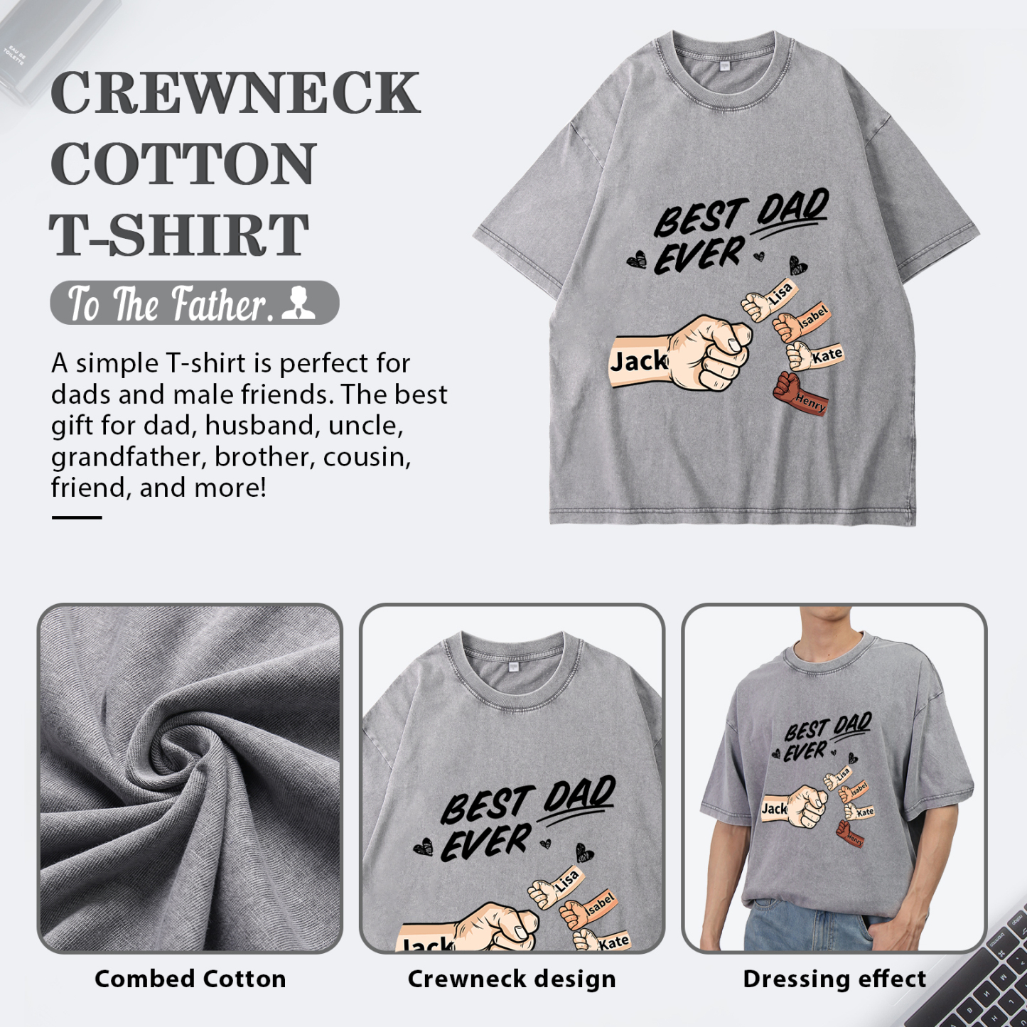 Best Dad Ever - Personalised 2–7 Names Family T-Shirt Custom Fist Bump Short Sleeve Father's Day Gifts For Dad