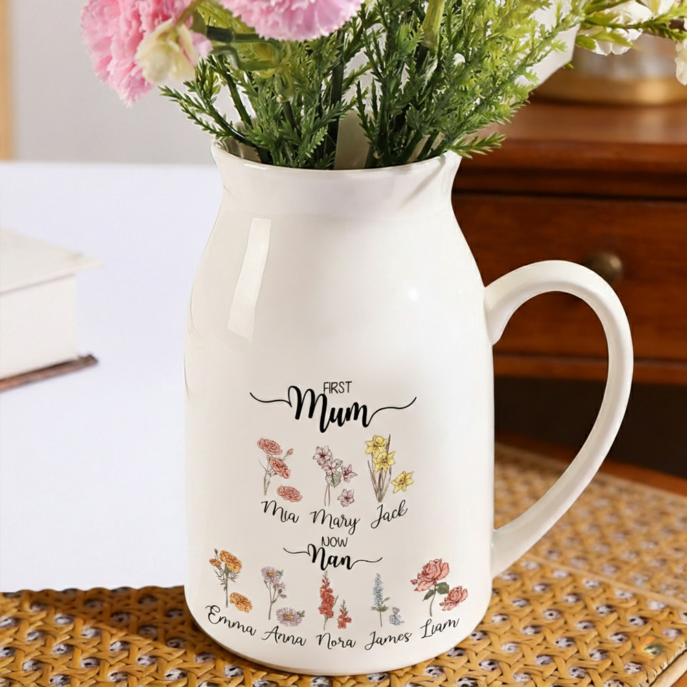 Birthflowers Personalised Ceramic Jug with Names – “First Mum, Now Nan” Floral Keepsake | Jessemade