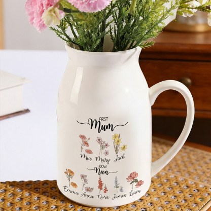 Birthflowers Personalised Ceramic Jug with Names – “First Mum, Now Nan” Floral Keepsake | Jessemade