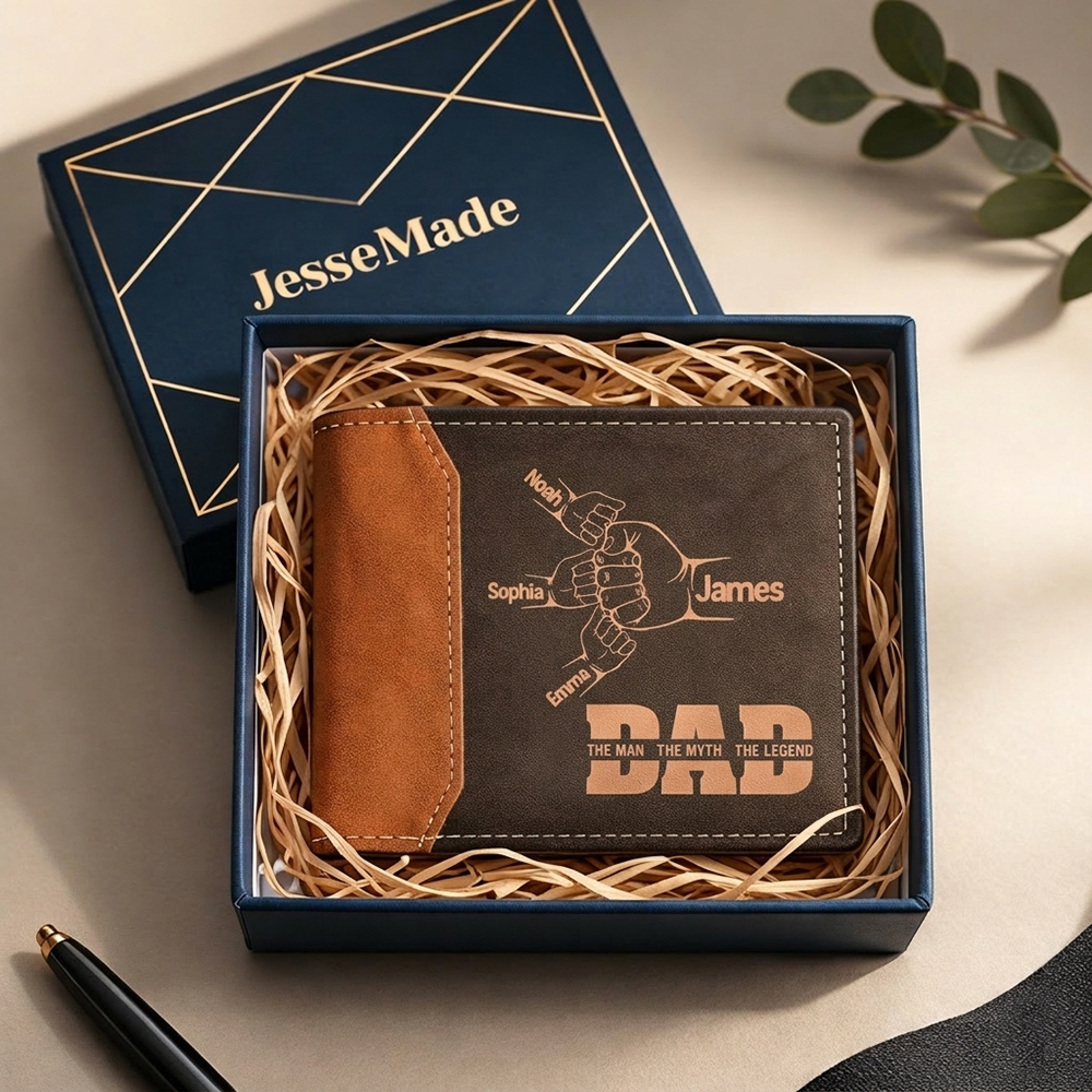 Personalized Men's Leather Wallet Custom 2–9 Names Billfold Wallet Fist Bump Gift for Dad - The Man, The Myth, The Legend