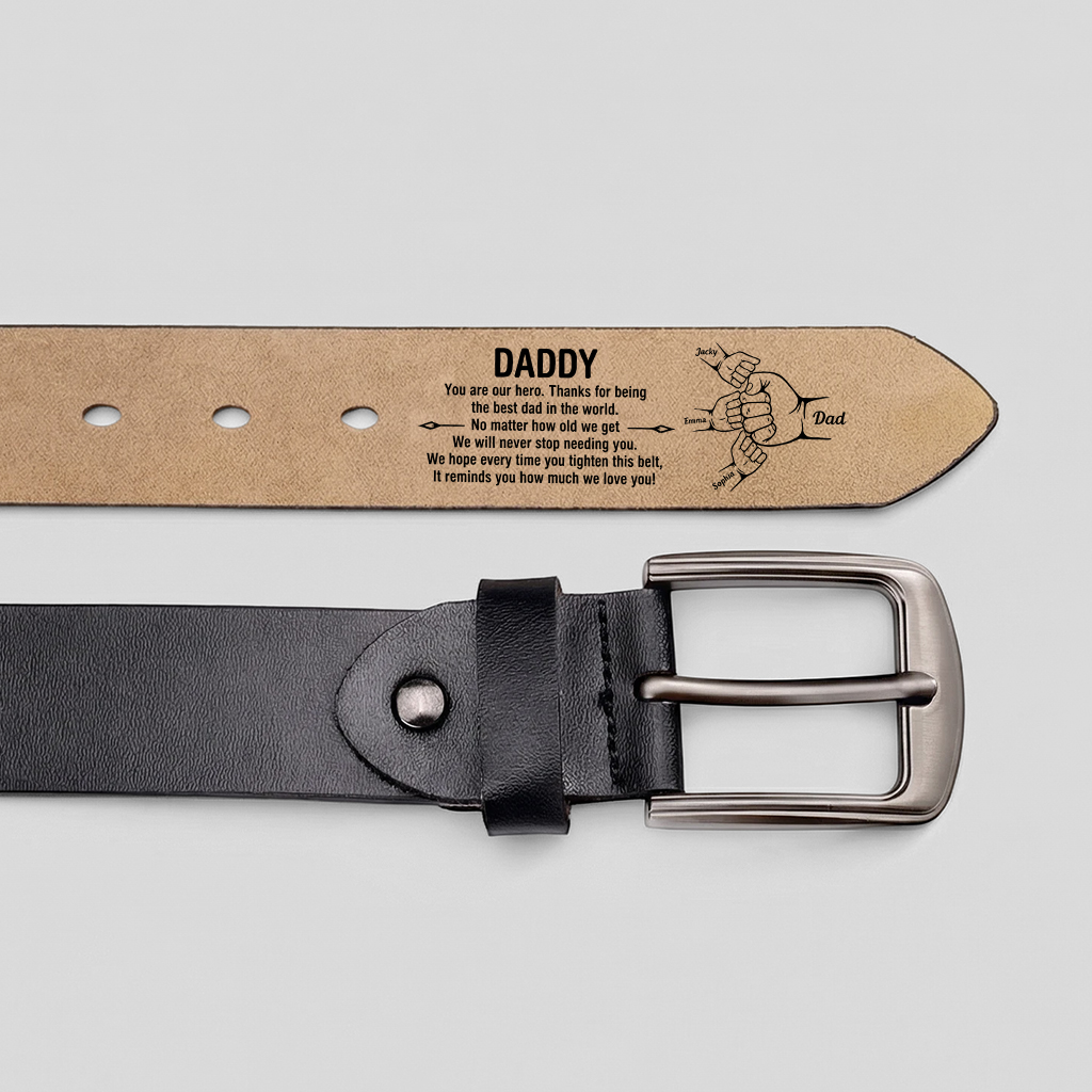 Personalised Fist Leather Belt, Custom 2-7 Names Adjustable Men's Belt Gift for Dad
