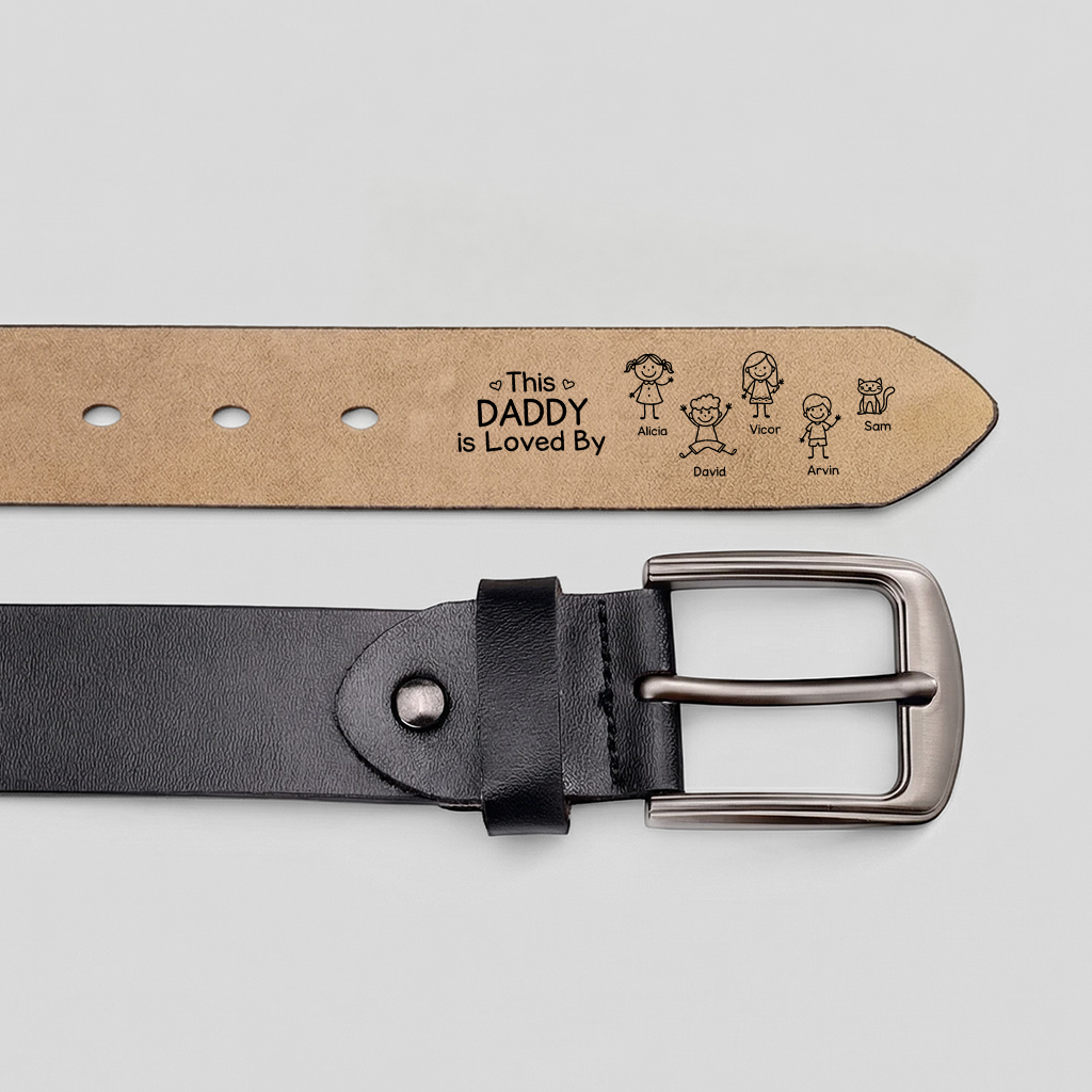 Personalised Leather Men’s Belt for Dad/Grandad, Customised with 1–10 Names and Child Figures
