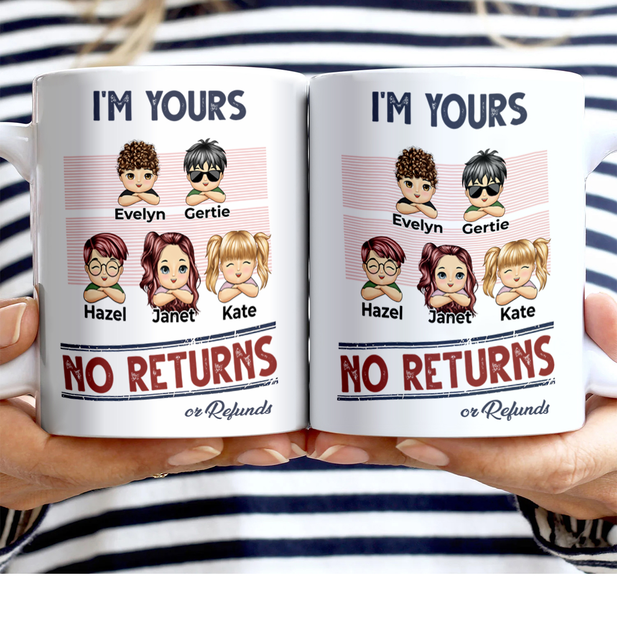 Personalised Family Cartoon Character Mug Custom 1-5 Names Mug- "I'm Yours, No Returns or Refunds" Design | Jessemade