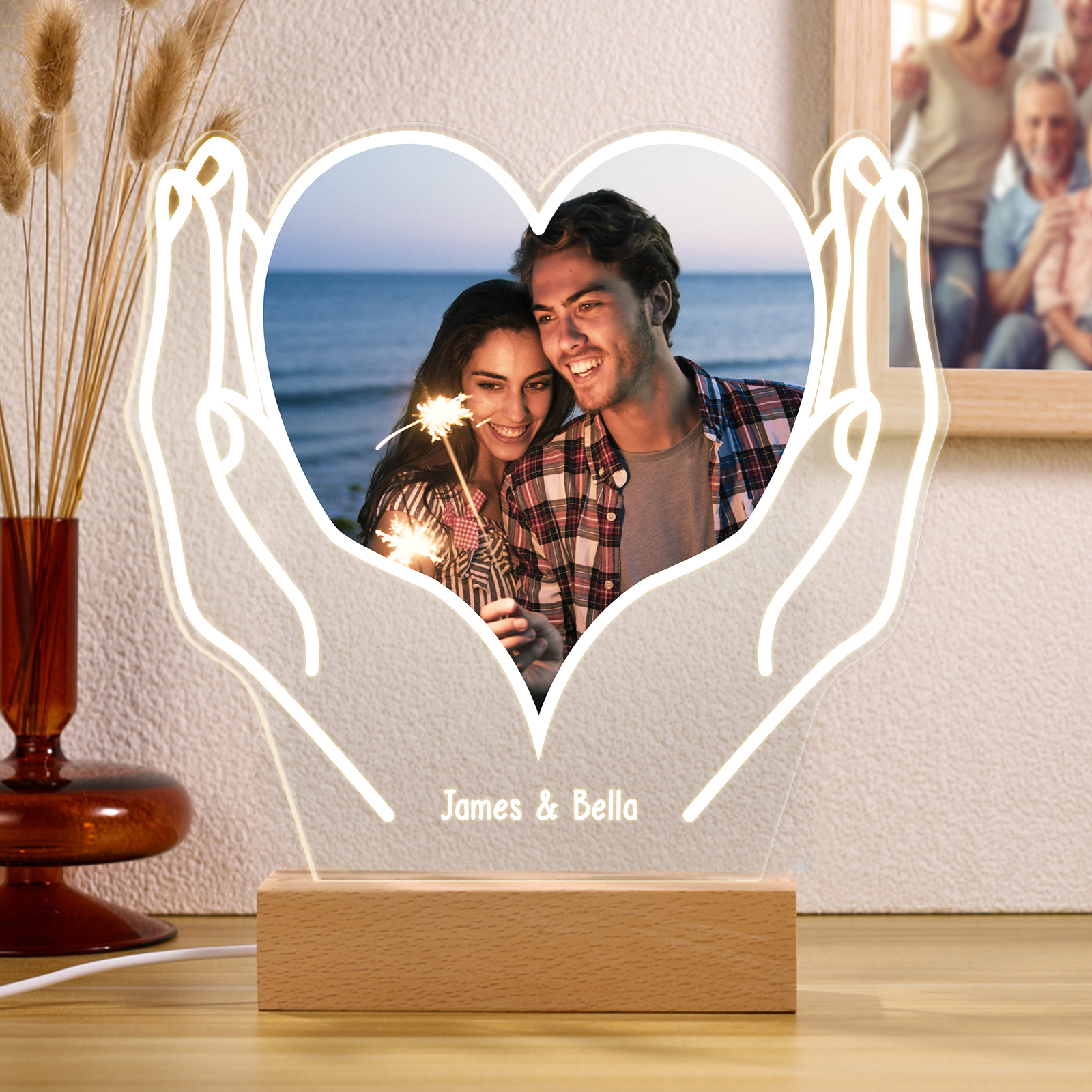 Personalised Heart Photo Lamp – Custom Name Gift with Mirror Hands Cou