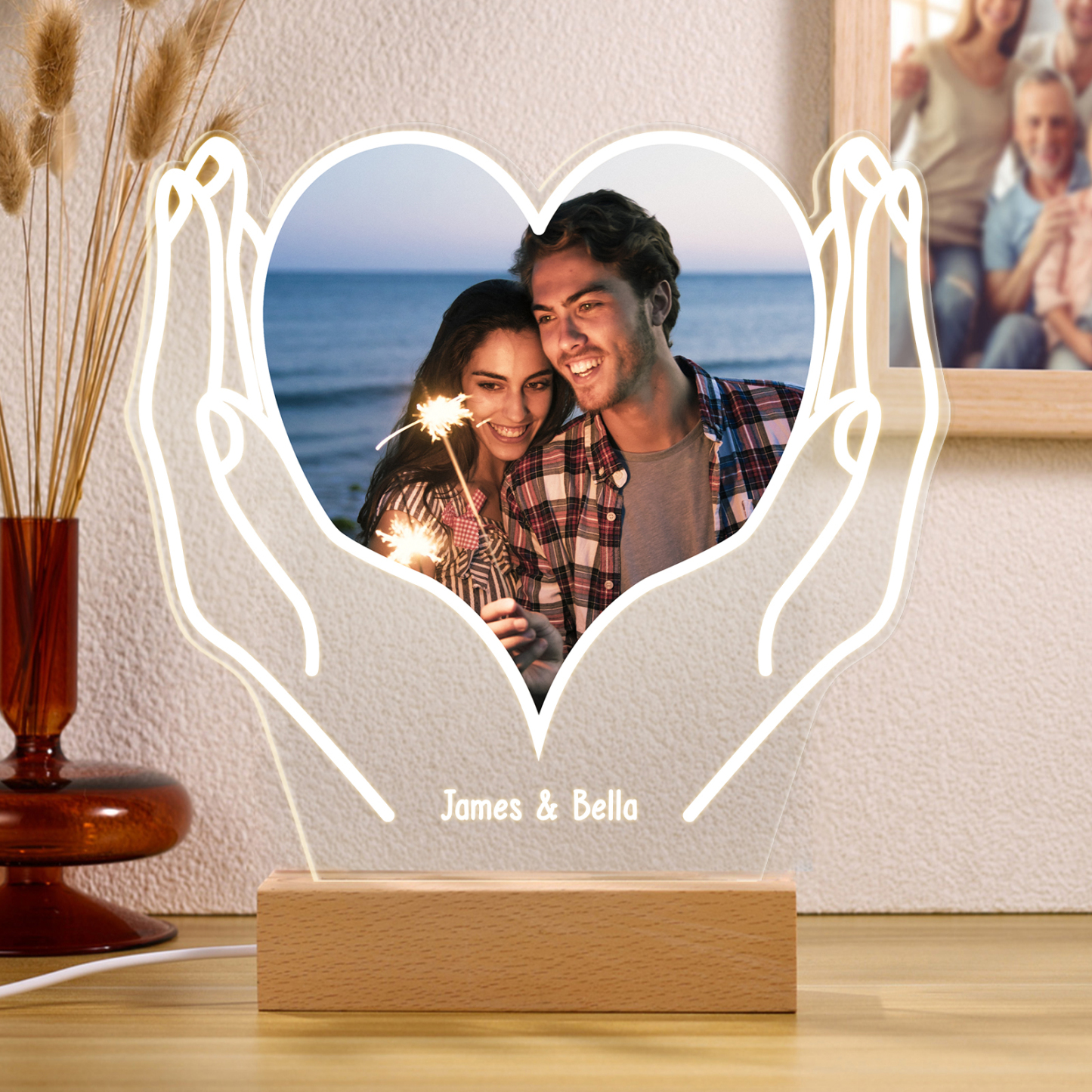Personalised Heart Photo Lamp – Custom Name Gift with Mirror Hands Cou