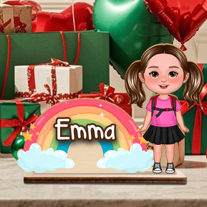 Personalised Standing Wooden Plaque – Custom Name & Character Rainbow Back to school gift for Kid | Jessemade