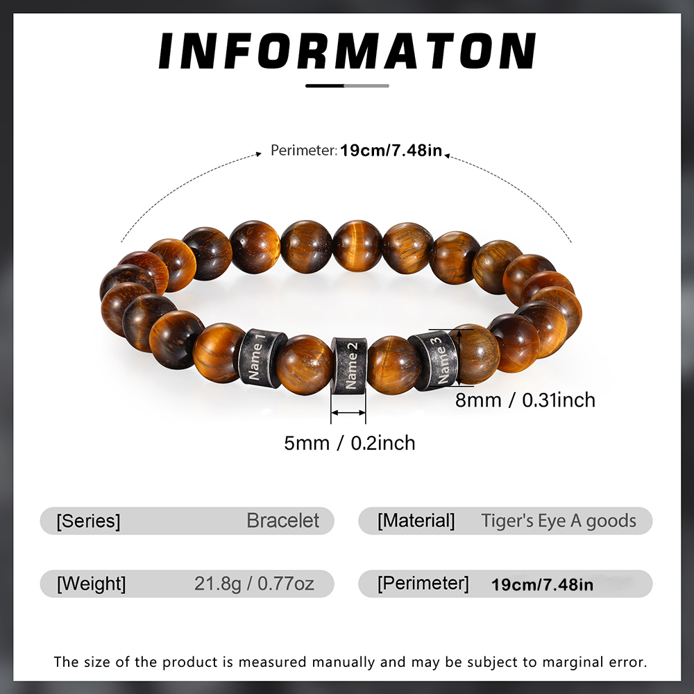 3 Names-Personalised Men Tiger's Eye A Goods Bracelet Engraved With Names, Custom Special Men Names Bracelet