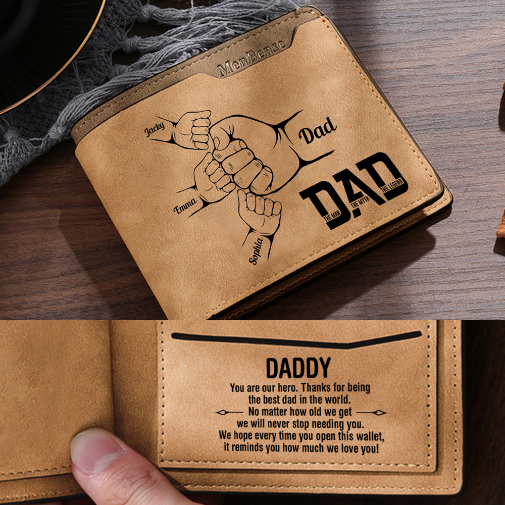 4 Names - Personalised Fist Bump Pattern Custom Name Leather Men's Wallet as a Father's Day Gift for Dad