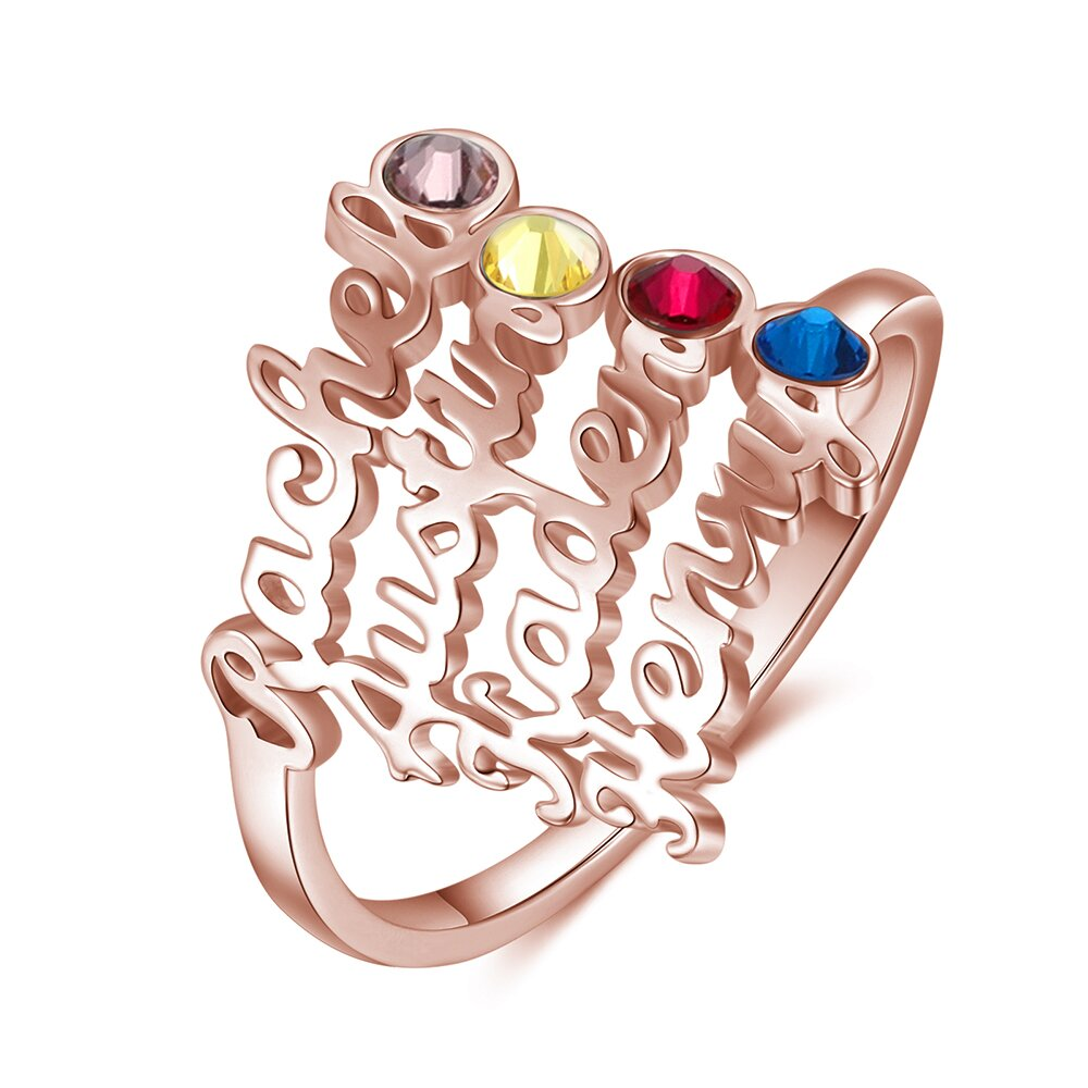 Personalised Birthstone Ring Custom 4 Names Ring Best Gift For Women