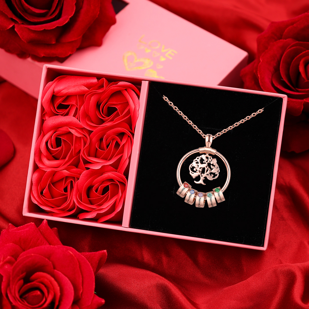 5 Names-Personalised Family Tree Necklace With 5 Birthstones Engraved Names Gift For Her