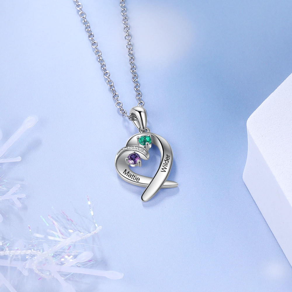 Personalised Heart Necklace With 2 Birthstones Engraved Names Gift For Her