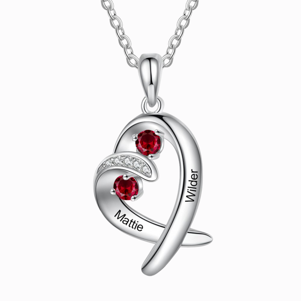 Personalised Heart Necklace With 2 Birthstones Engraved Names Gift For Her
