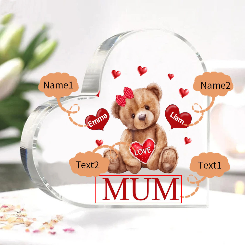 2 Names-Personalised Mum Acrylic Heart Keepsake Custom Text Love Teddy Bear Ornaments Gifts Set With Gift Box for Grandma/Mother