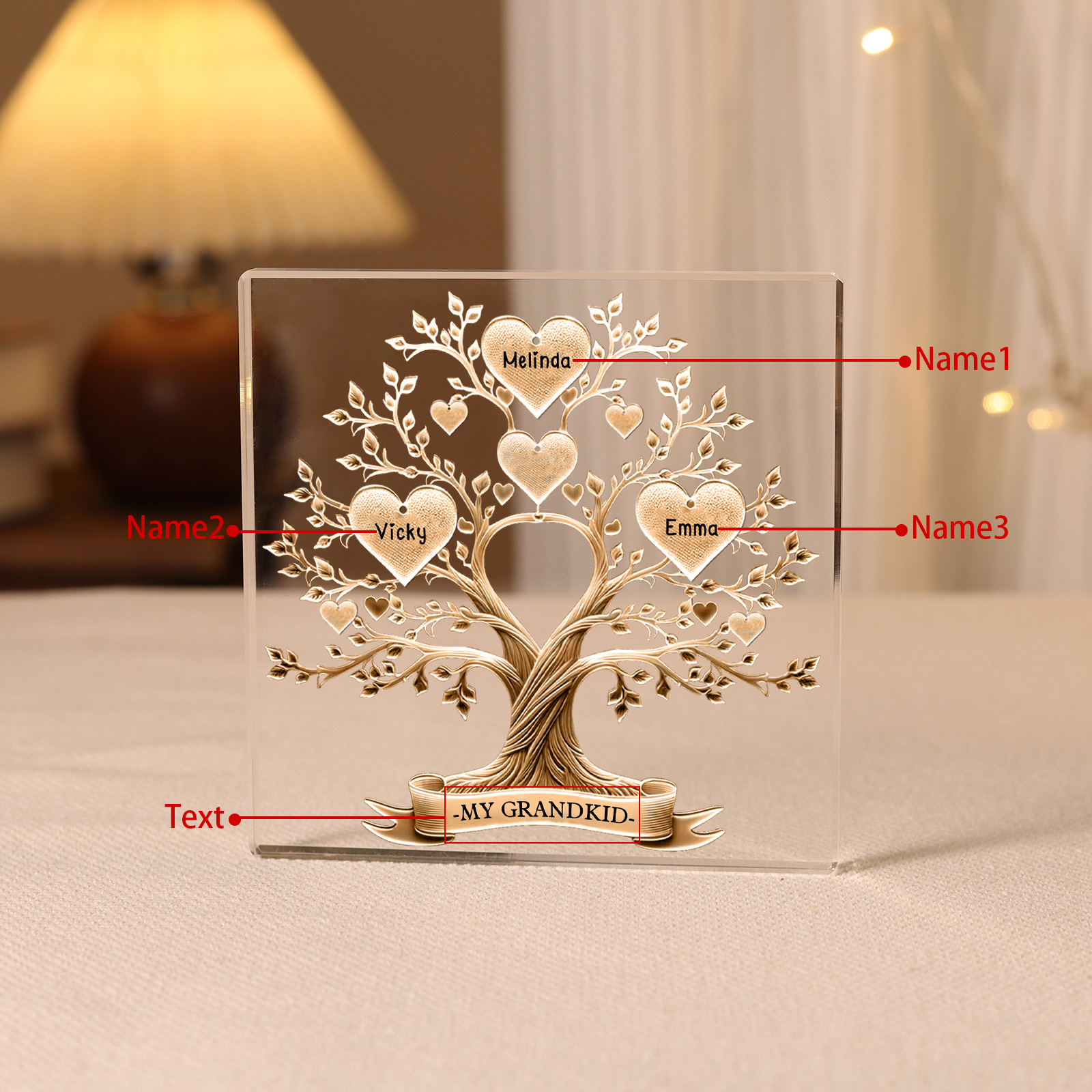 3 Names-Personalised Family Tree Acrylic Keepsake-Custom Text and Names-Acrylic Plaque Home Decoration Gift for Family/Dad/Grandad