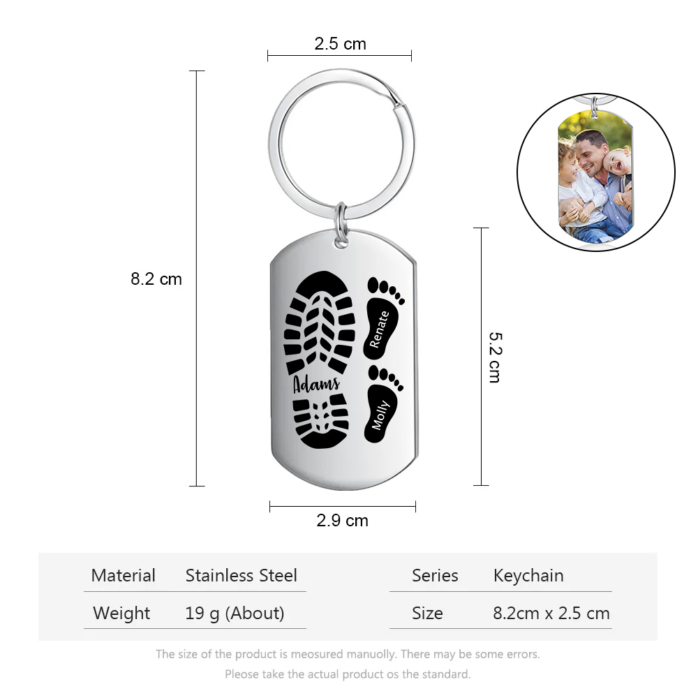 3 Names - Personalised Footprint Pattern Keyring Custom Named Father's Day Gift for Dad