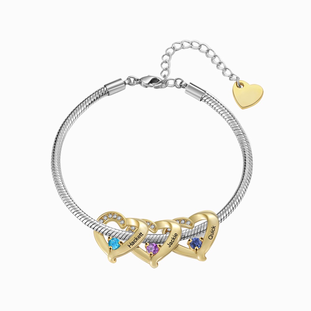 Personalised 1-5 Names Birthstone Heart Bracelet with Custom Name Charms | Jessemade