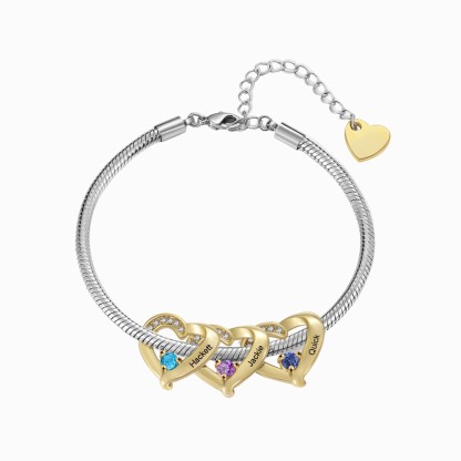 Personalised 1-5 Names Birthstone Heart Bracelet with Custom Name Charms | Jessemade