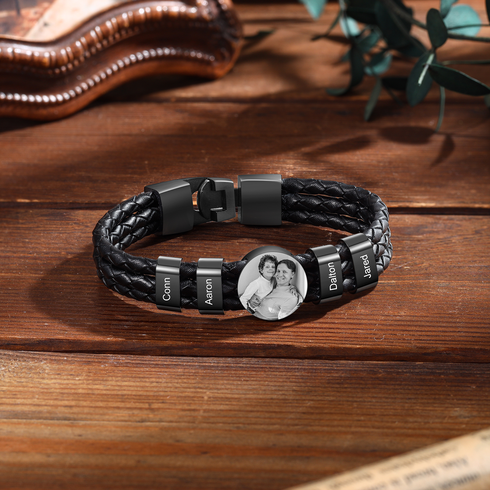 Personalised Braided Leather Bracelet Engraved with 4 Names and Customized 1 Photo Men's Bracelet for Dad