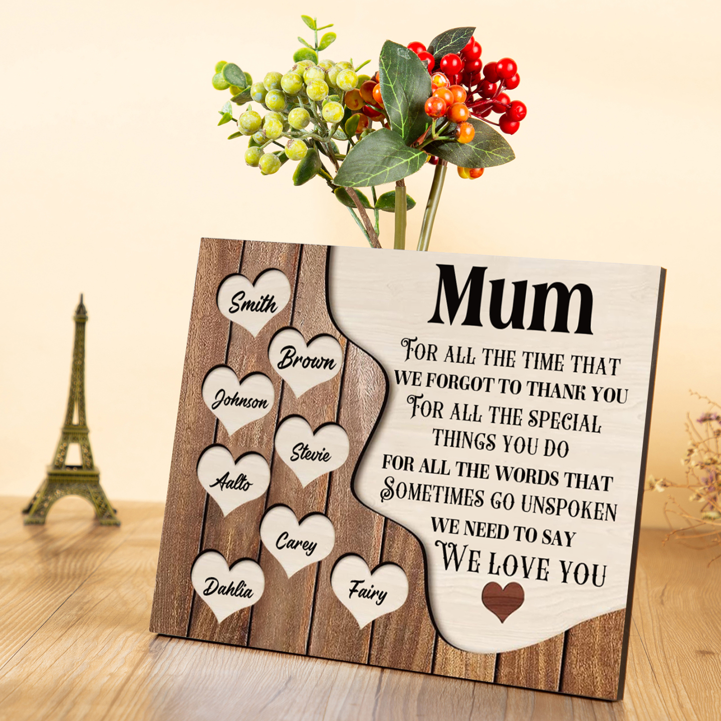 8 Names-Personalised Mum Wooden Frame Custom Names Home Decoration - Mother's Day Gifts for Mum