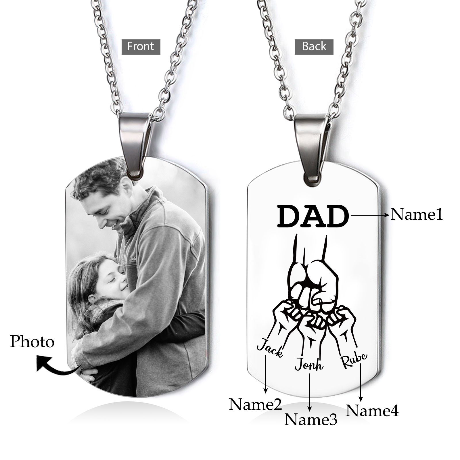 4 Names-Personalised Dad Photo Fist Stainless Steel Necklace-Custom Names and Photo Necklace for Father/Grandad