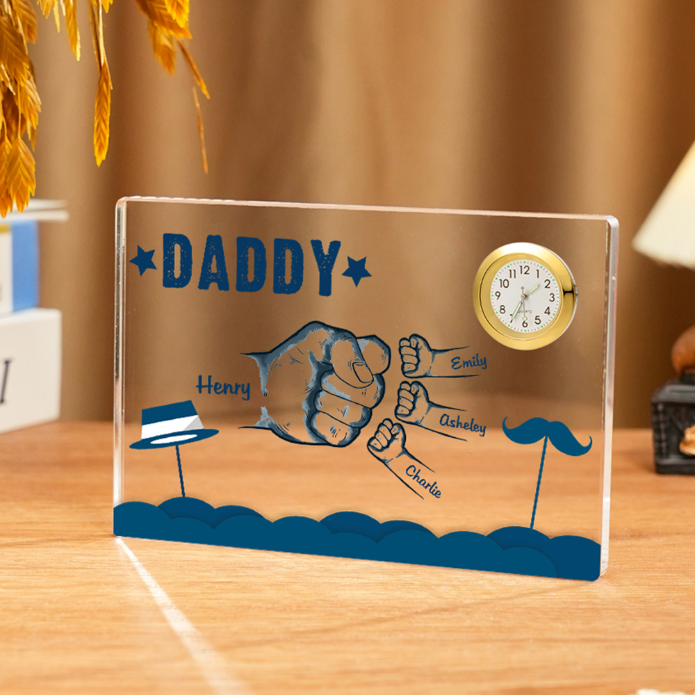 4 Names - Personalised Fist Bump Custom Name Acrylic Clock Ornament Father's Day Gift for Dad