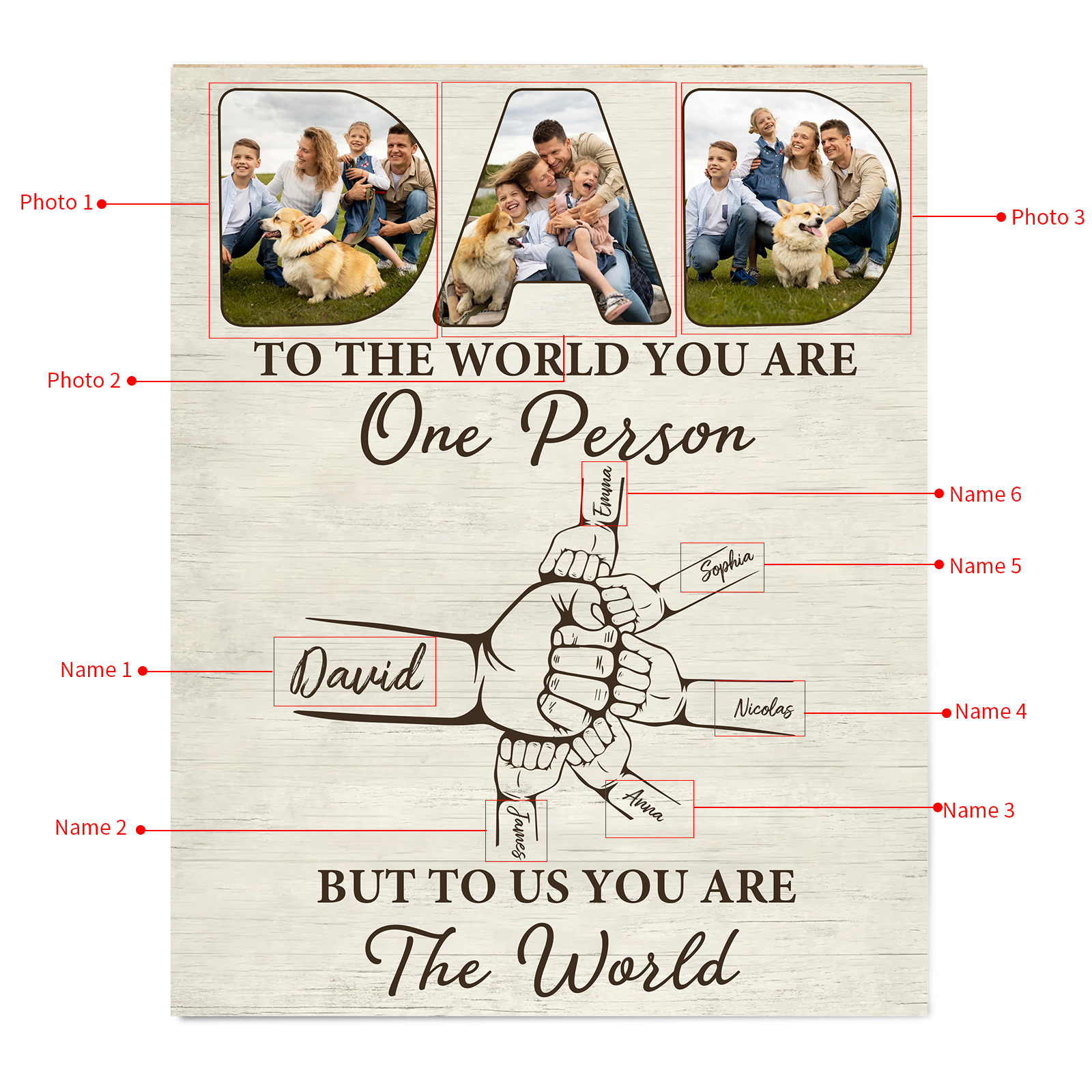6 Names - Personalised Photos Fist Bump Home Wood Panel Painting Decorations Father's Day Gift for Dad