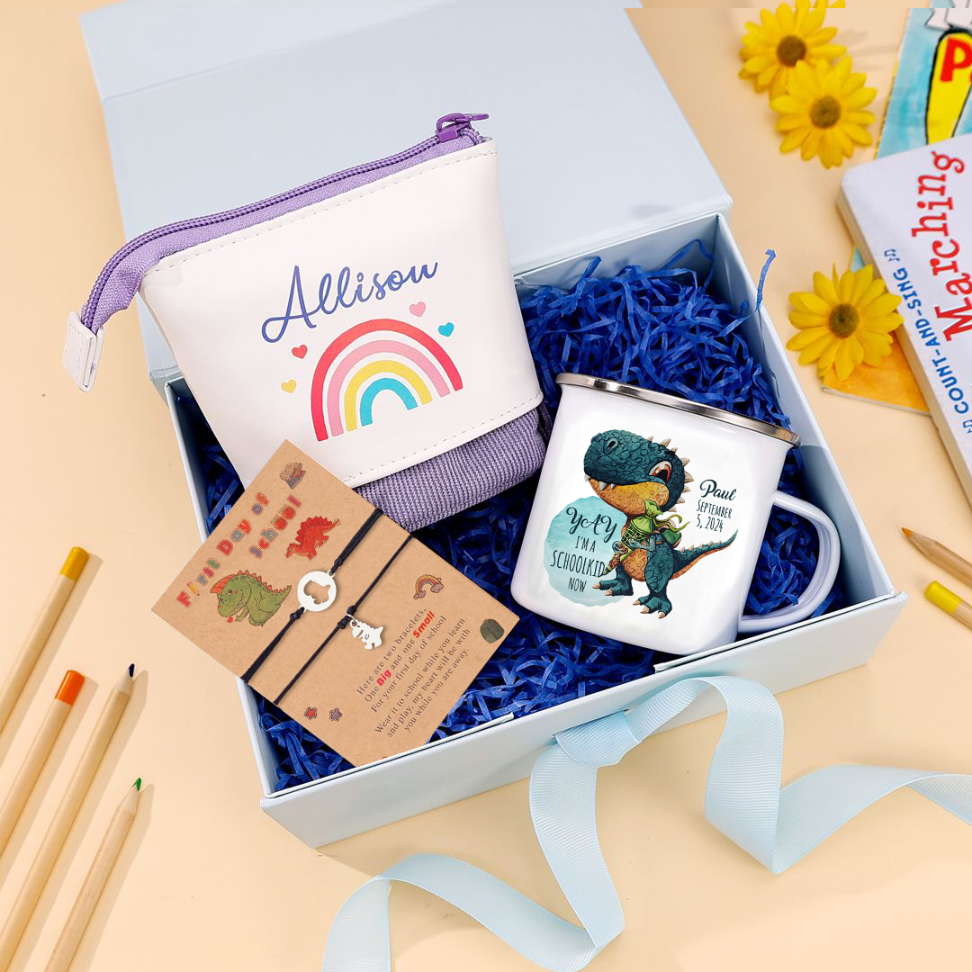 Back to School Gift Set -Personalized Gift Customized Name and Date Enamel Mug and Purple Dinosaur Pencil Case and Dinosaur Bracelet Set - Gift for Kids