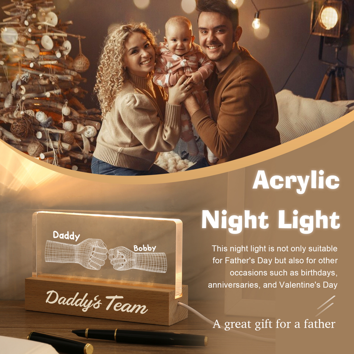 2 Names Personalised Fist Bump Pattern Night Light Custom Text LED Light Father's Day Gift for Dad