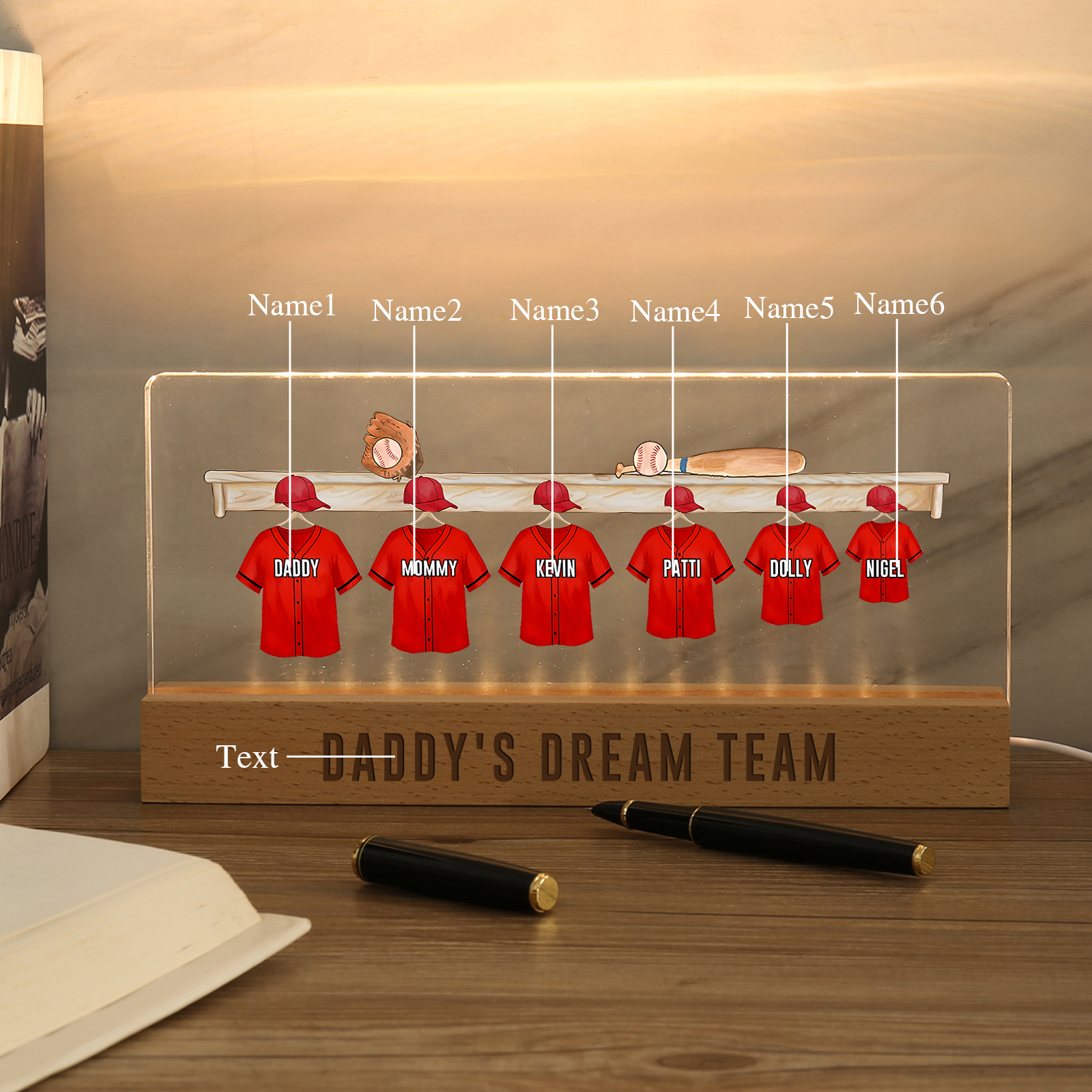 6 Names - Personalised Baseball Jersey Desk Lamp - Dad's Dream Team - Father's Day Gift for Dad