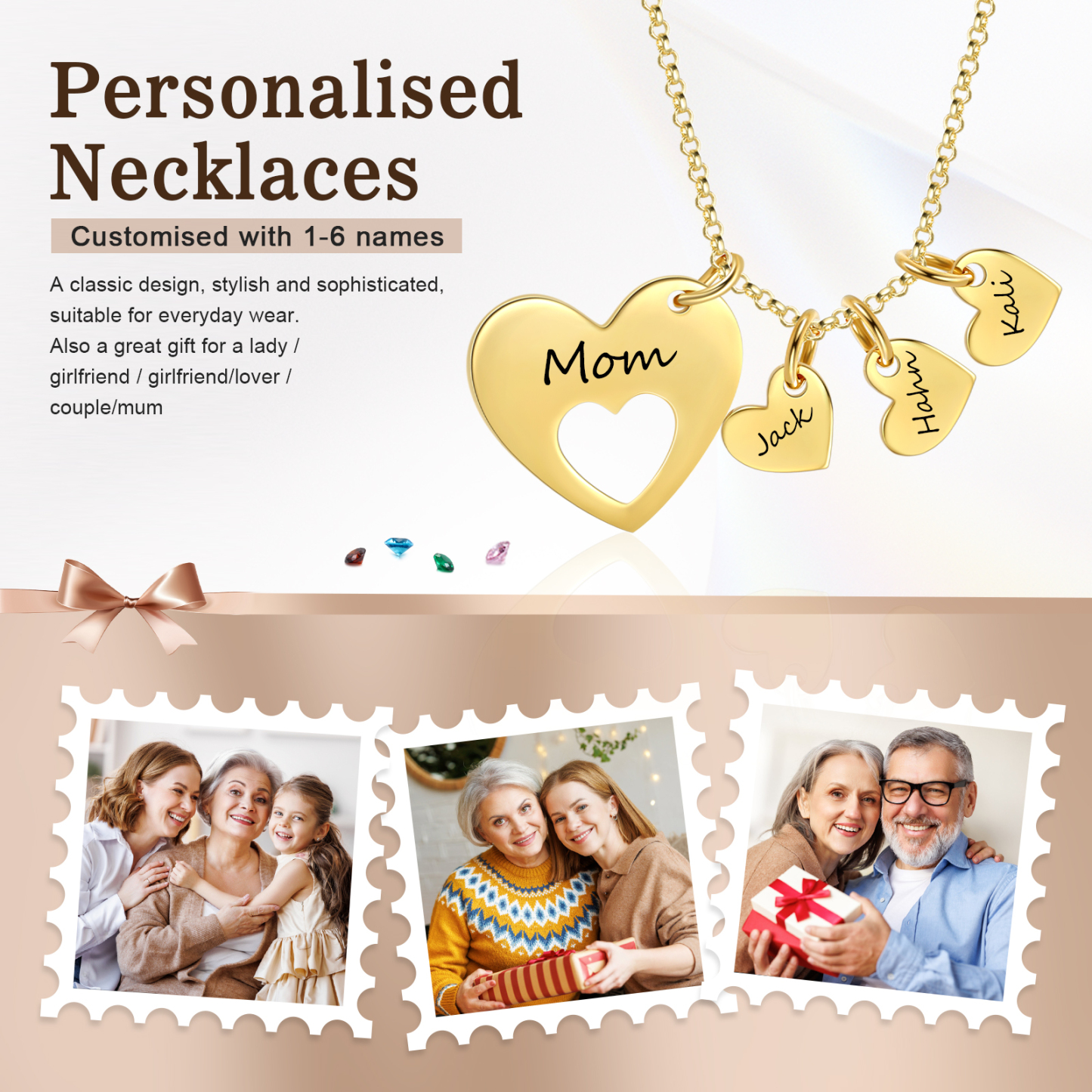 3 Names - Personalised Love Pendant Necklace with Gift Box Customized Name Gift for Her