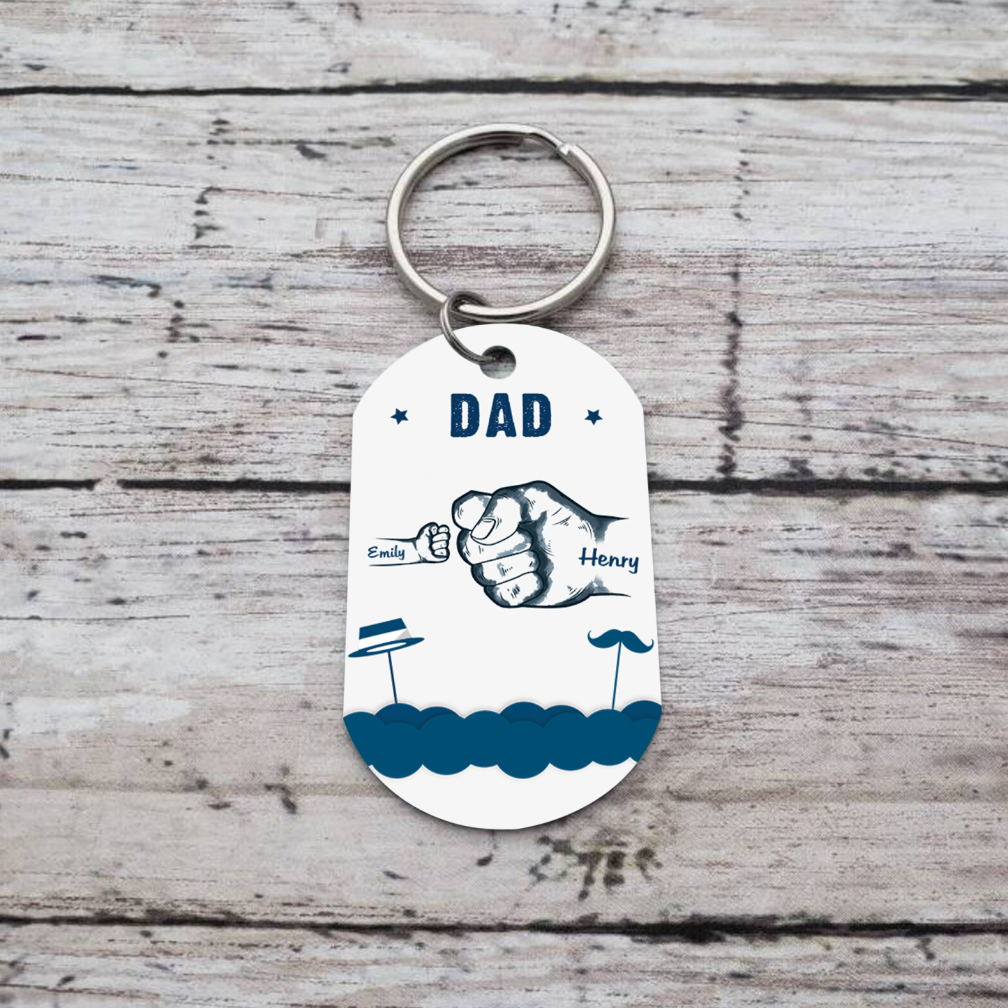 2 Names - Personalised Custom Fist Bump Keyring Hat and Beard Style Keyring Gift for Dad