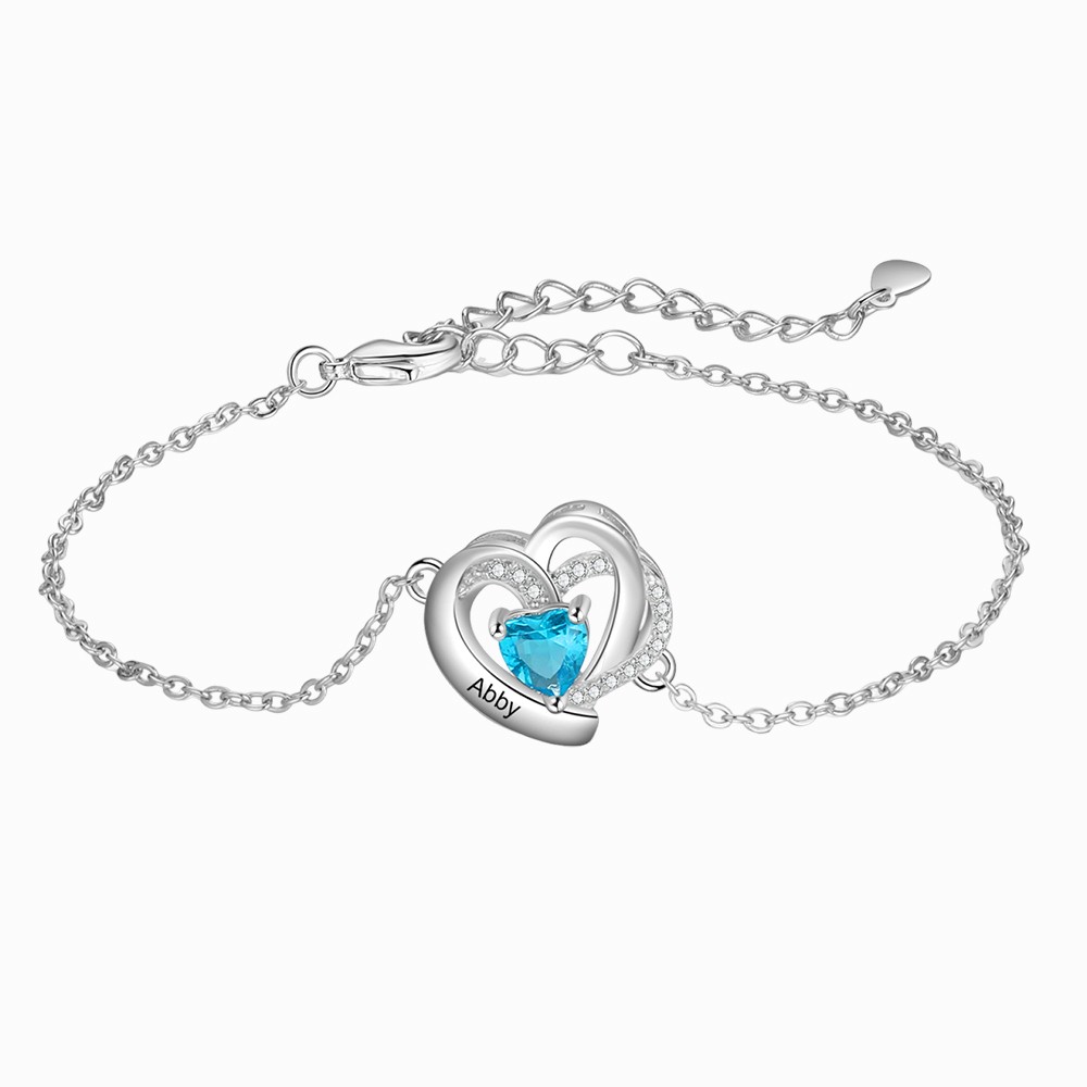 Personalised Name Heart-Shape Bracelet With 1 Birthstone Engraved Bracelet Gift For Women