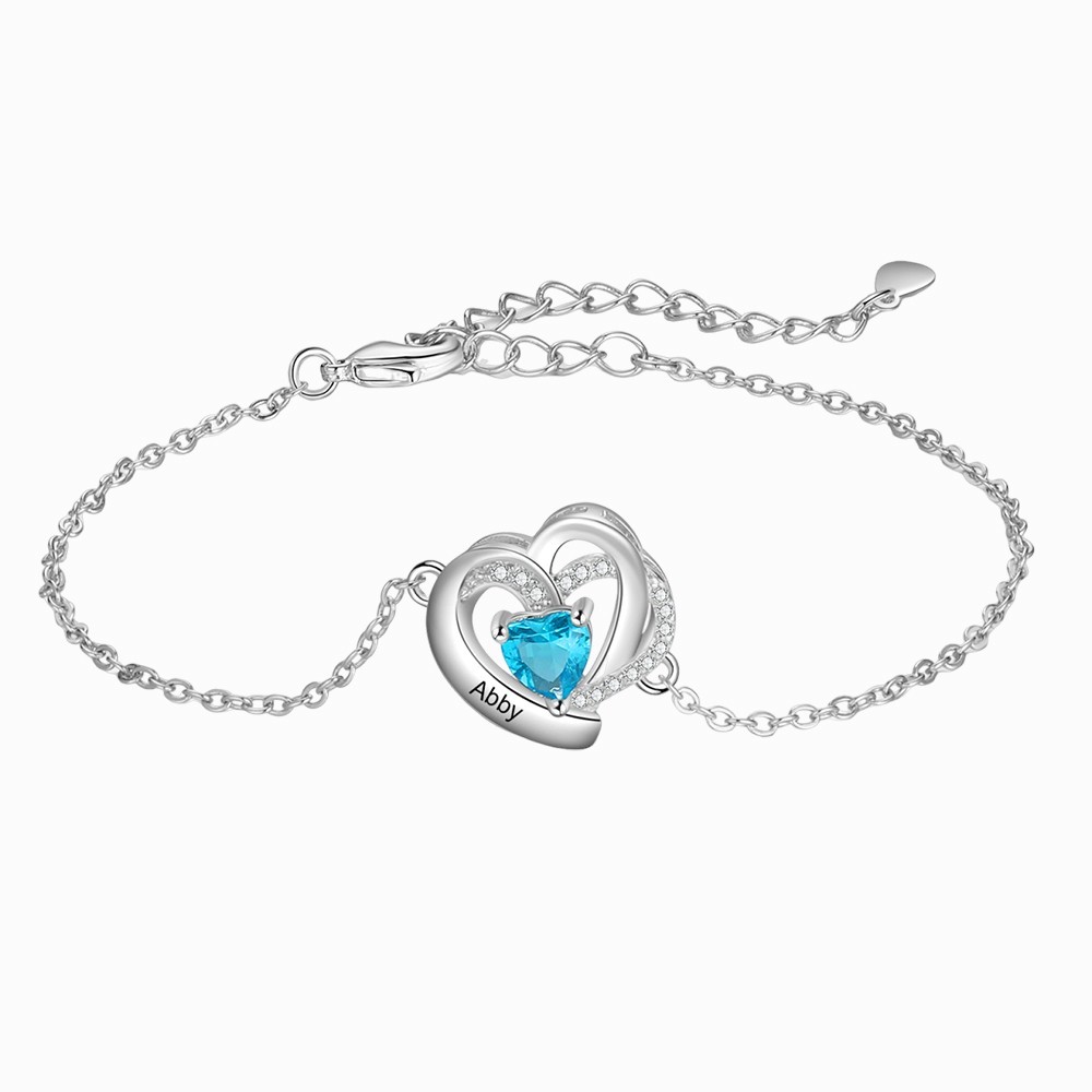 Personalised Name Heart-Shape Bracelet With 1 Birthstone Engraved Bracelet Gift For Women