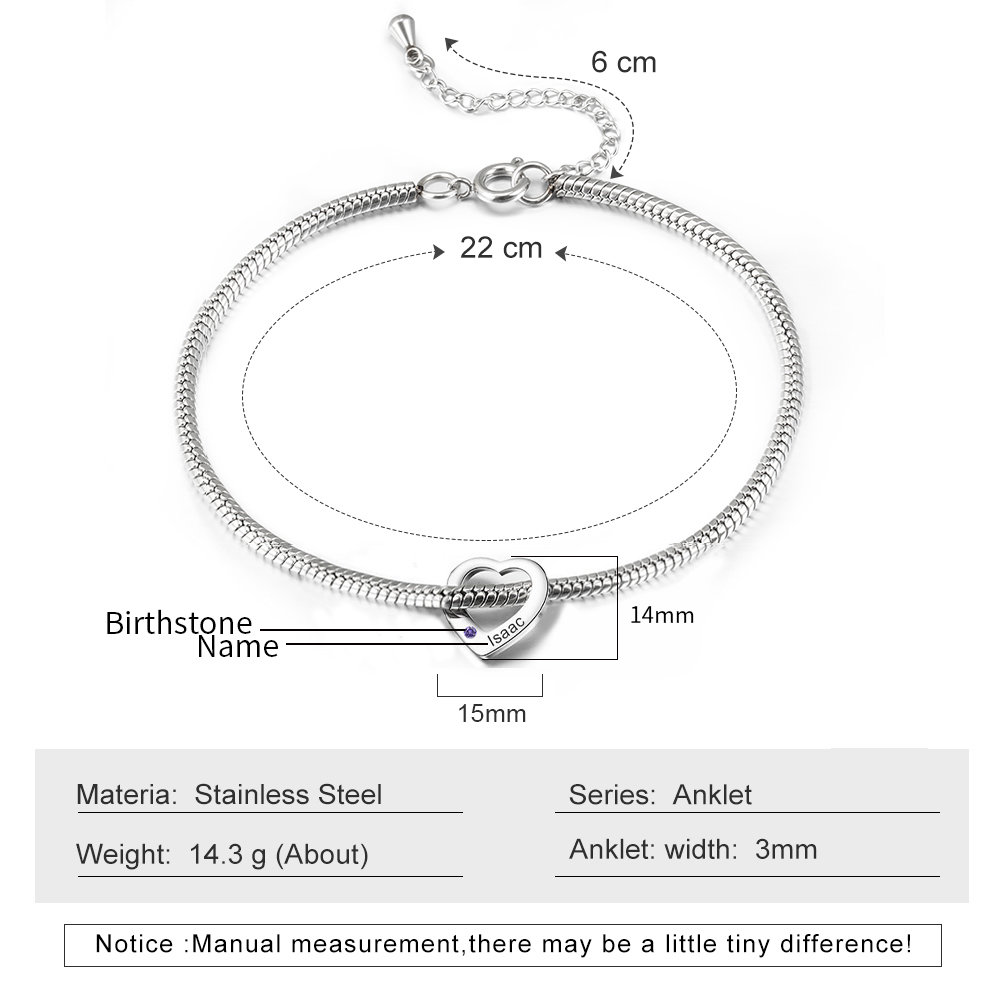 Custom Anklet Engraved 1 Name and Birthstone Heart Shaped Charm Personalised Bracelet for Women