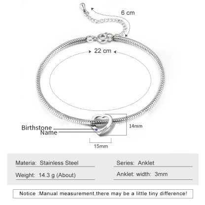 Custom Anklet Engraved 1 Name and Birthstone Heart Shaped Charm Personalised Bracelet for Women