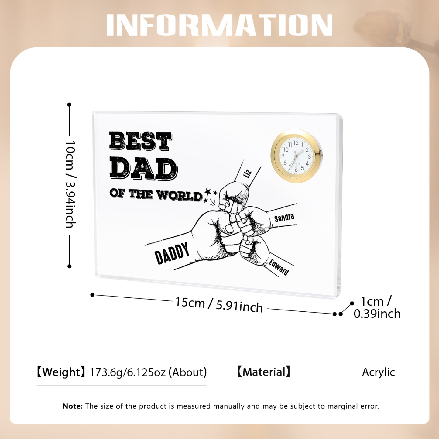 4 Names - Personalised Fist Bump Acrylic Rectangular Clock Ornament Father's Day Gift for Dad