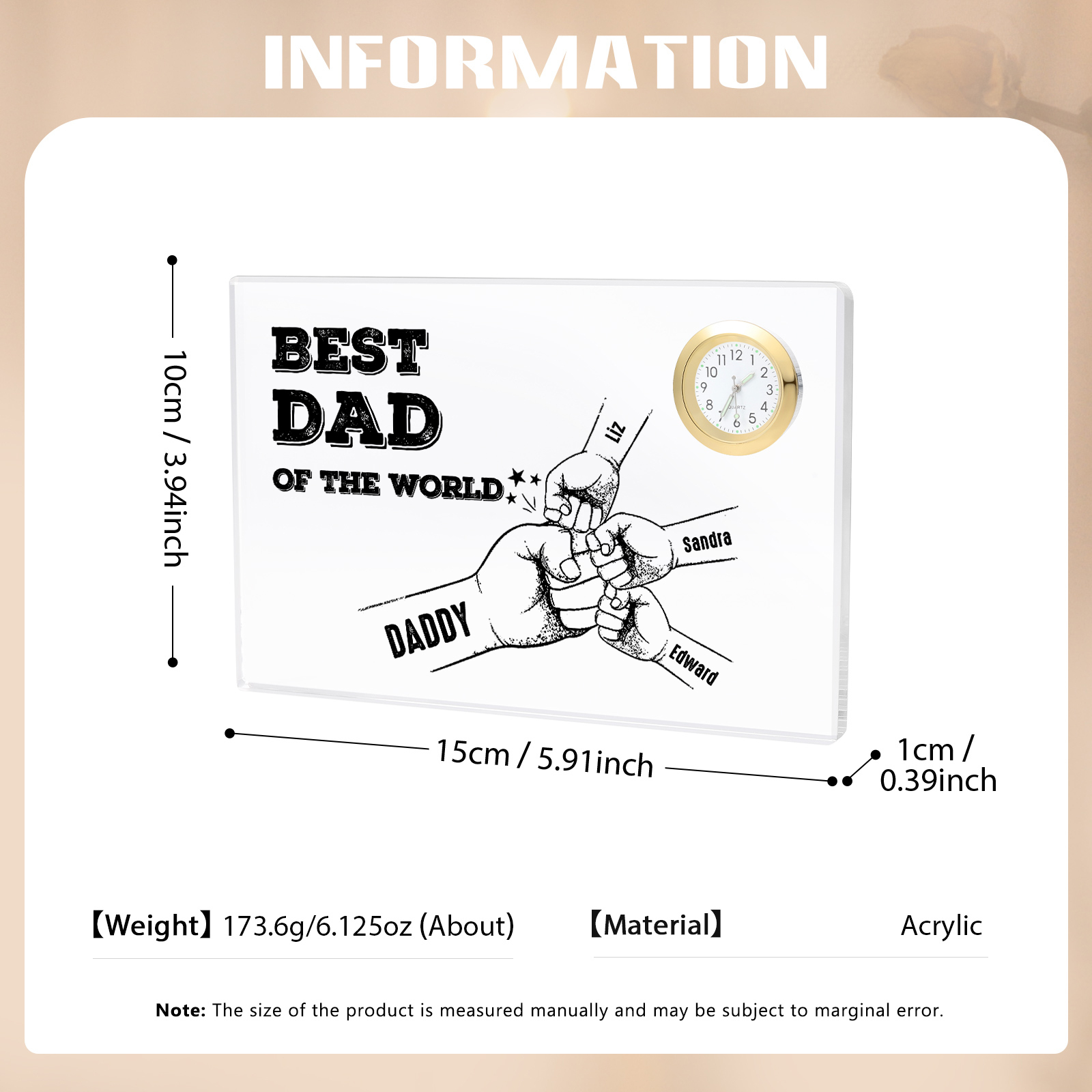 4 Names - Personalised Fist Bump Acrylic Rectangular Clock Ornament Father's Day Gift for Dad