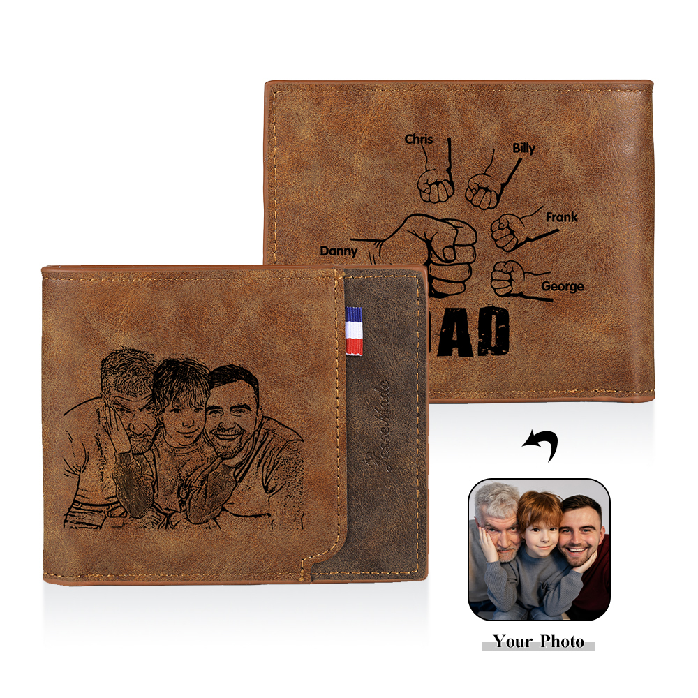 5 Names - Personalised Fist Bump Photo Custom Leather Men's  Wallet as a Father's Day Gift for Dad