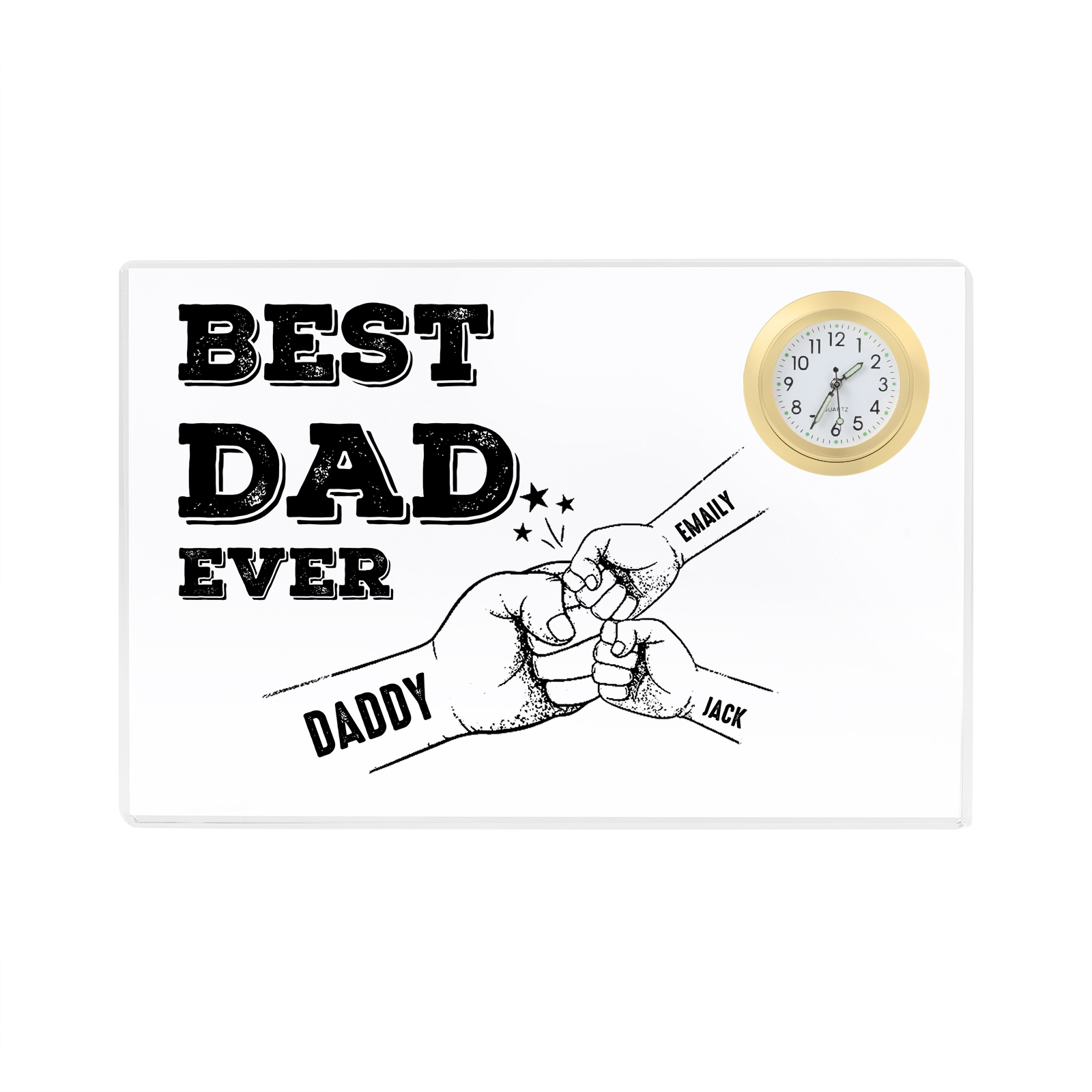 3 Names - Personalised Fist Bump Pattern Custom Name Acrylic Rectangular Clock Ornament Father's Day Gift