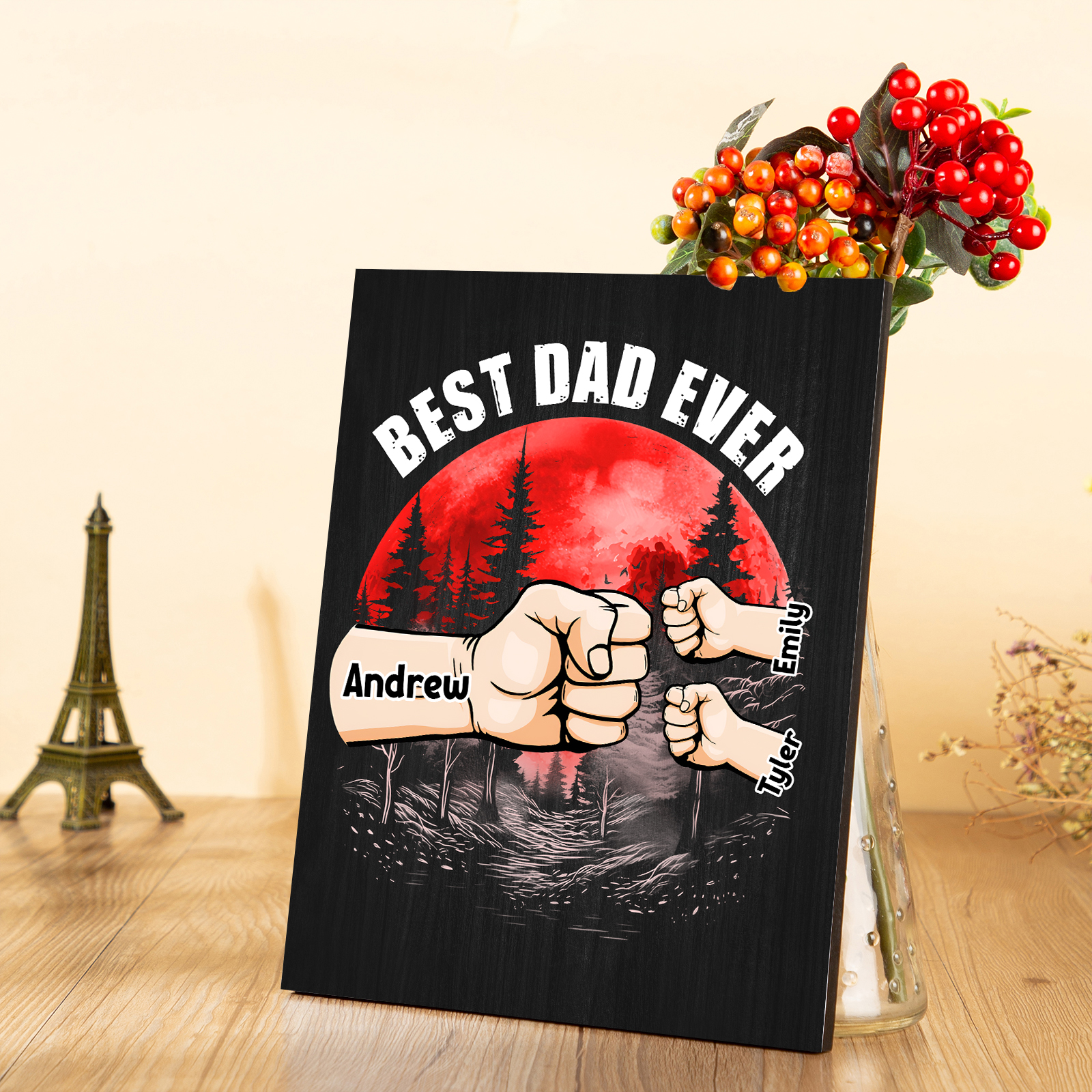 3 Names - Personalised Wooden Ornament Fist Bump Red Forest Style Engraved Name and Text Ornament for Dad