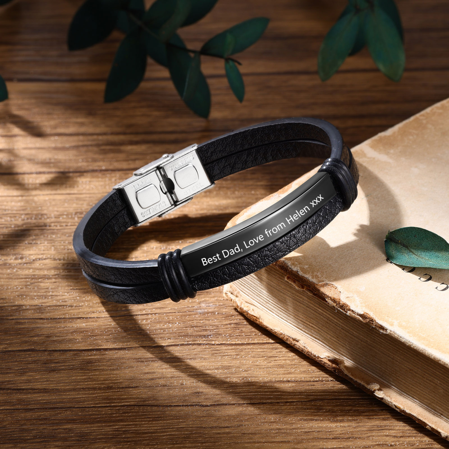 Personalised Text Black Leather Bracelet Men's Bracelet Father's Day Gift for Dad