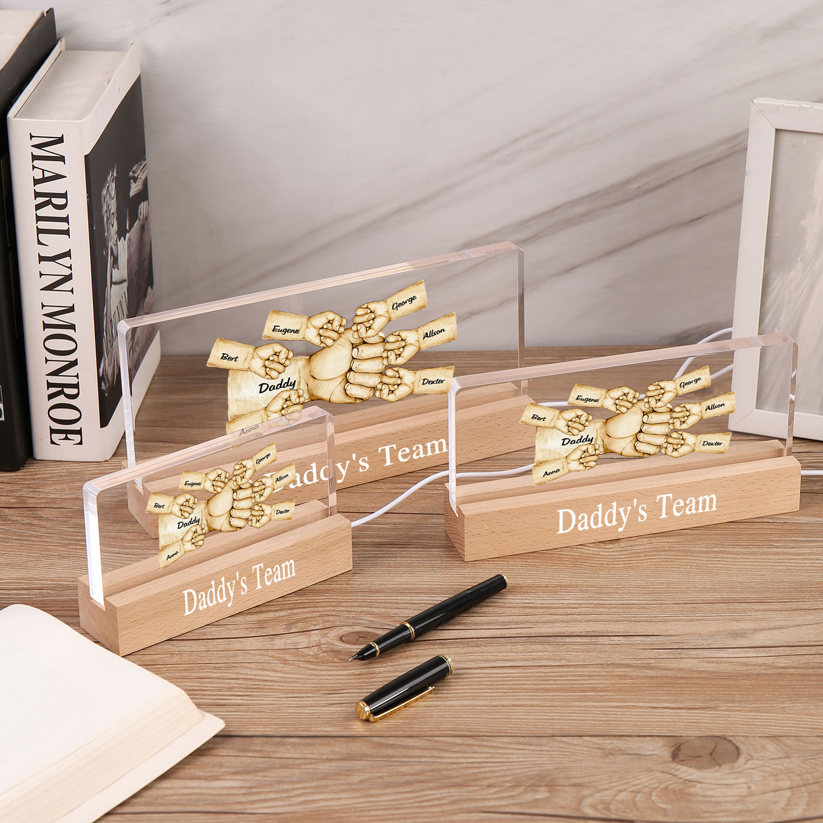 7 Names - Personalised Fist Bump Pattern Table Lamp Customized Text Father's Day Gift for Dad