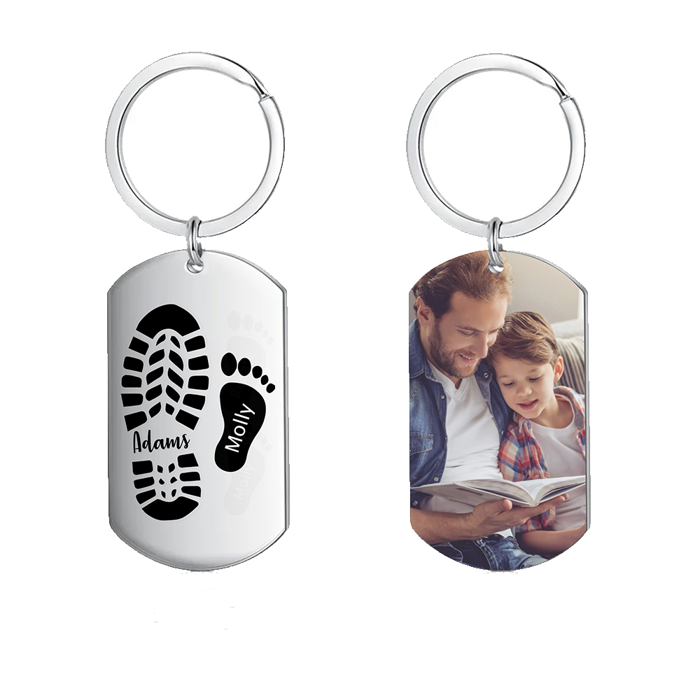 2 Names - Personalised Footprint Pattern Keyring Custom Named Father's Day Gift for Dad